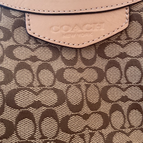 Coach purse. Signature Devin. Brown with blue and yellow stripe. - Picture 3 of 8